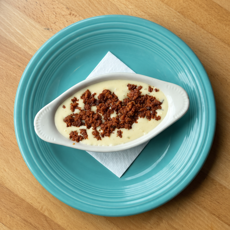Creamy white dip topped with seasoned crumbled meat in a serving dish on a turquoise plate over a wooden table.