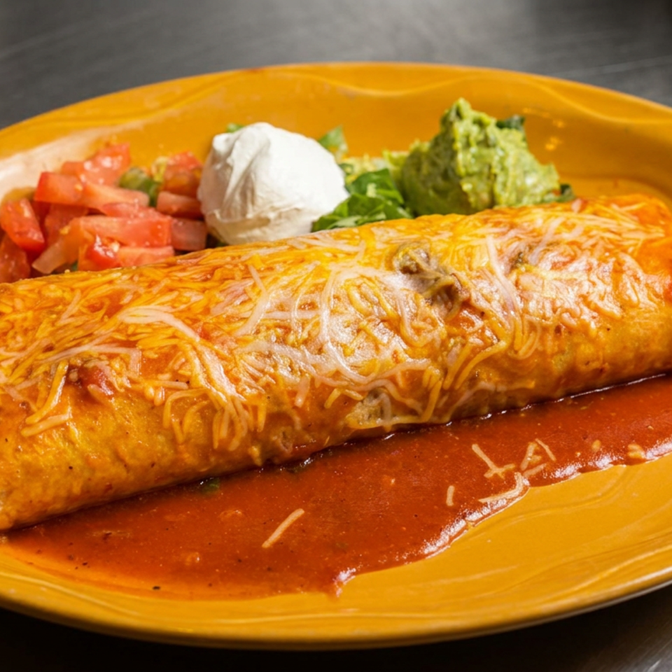 Cheesy enchilada smothered in red sauce on an orange plate, served with diced tomatoes, guacamole, and sour cream.