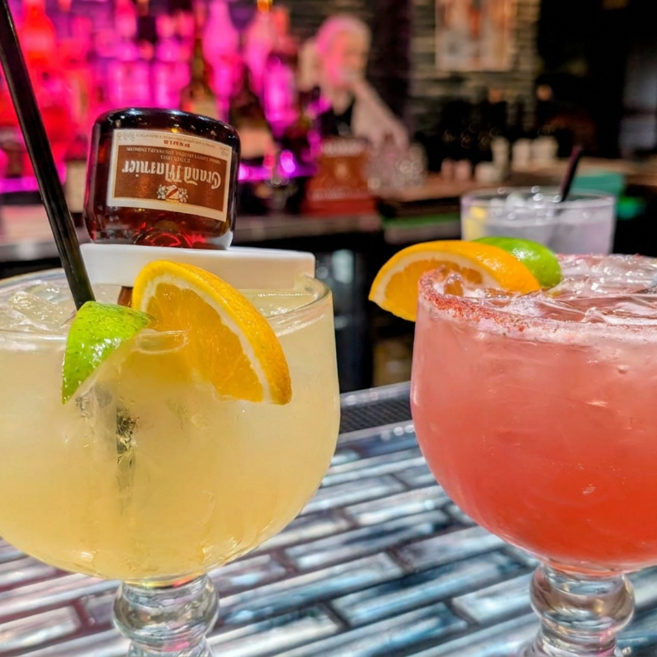 Two ice-filled cocktails, one pale yellow and one pink, garnished with citrus slices on a colorful restaurant bar.