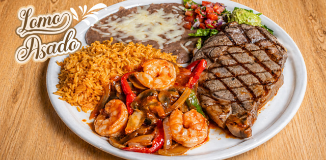 Lomo Asado (Grilled Ribeye with Shrimp).