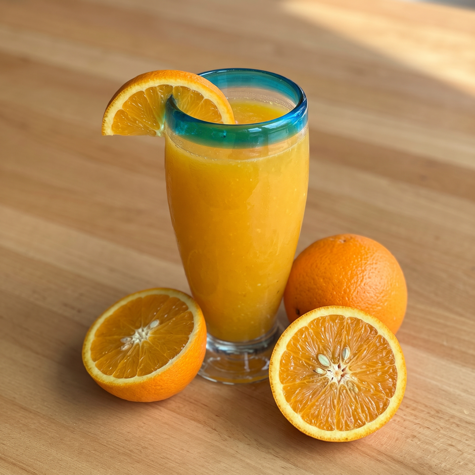 Glass of orange juice garnished with an orange slice, surrounded by whole and halved oranges on a wooden table.