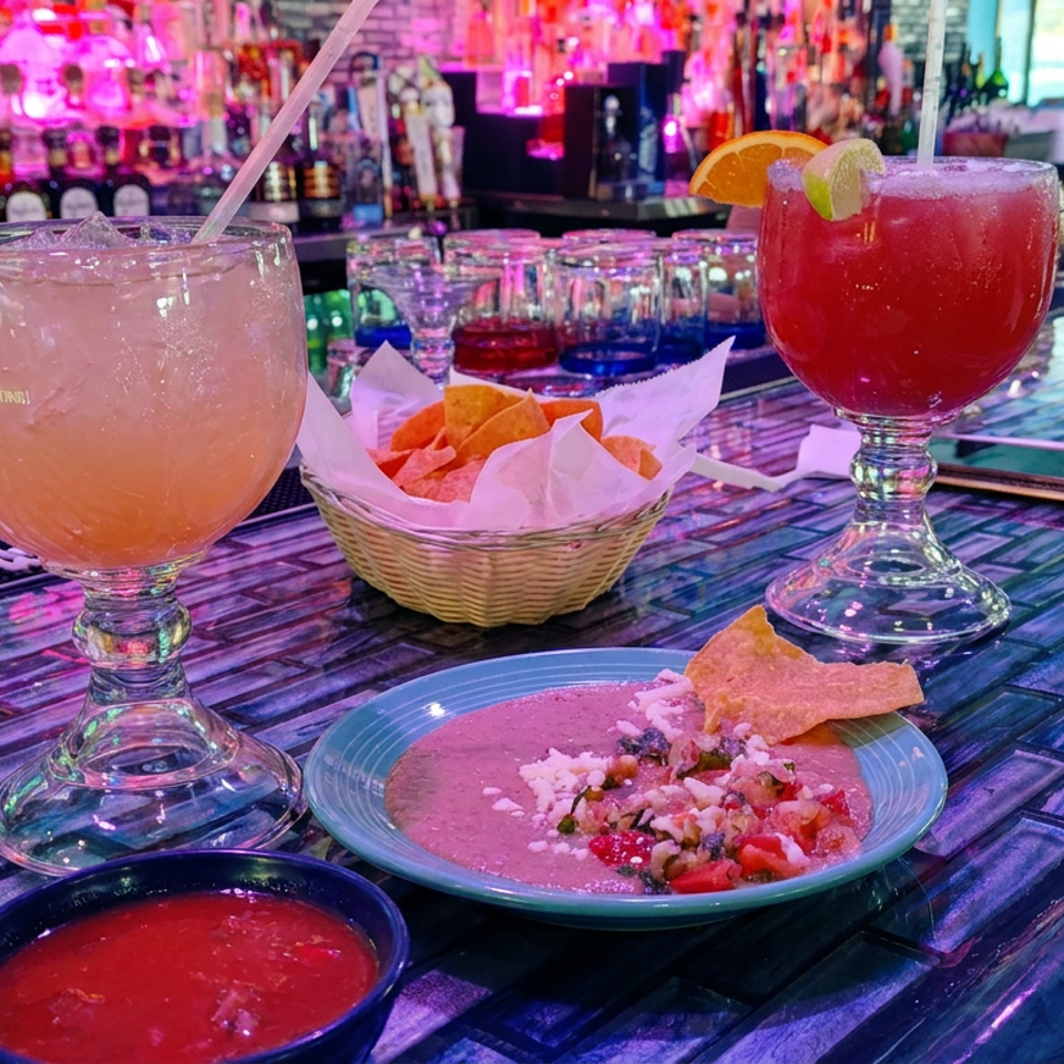 Two colorful cocktails, tortilla chips, salsa, and a topped dish sit on a vibrant neon-lit restaurant bar.