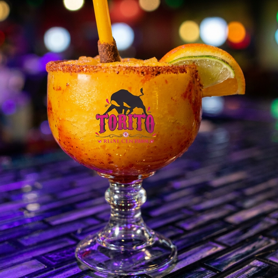 Tajín-rimmed orange cocktail with a lime wedge and straw, branded Torito, sits on a colorful bar counter.