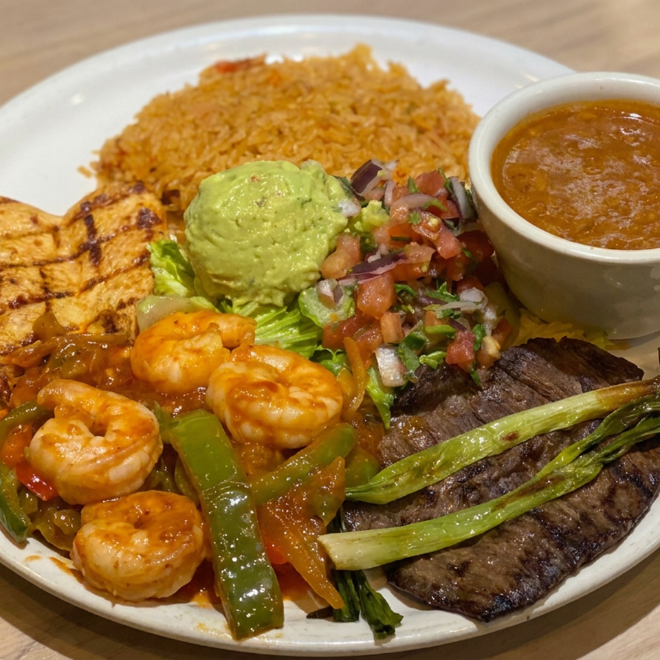 Grilled steak, shrimp with peppers, rice, avocado, pico de gallo, grilled vegetables, and sauce served on a white plate.