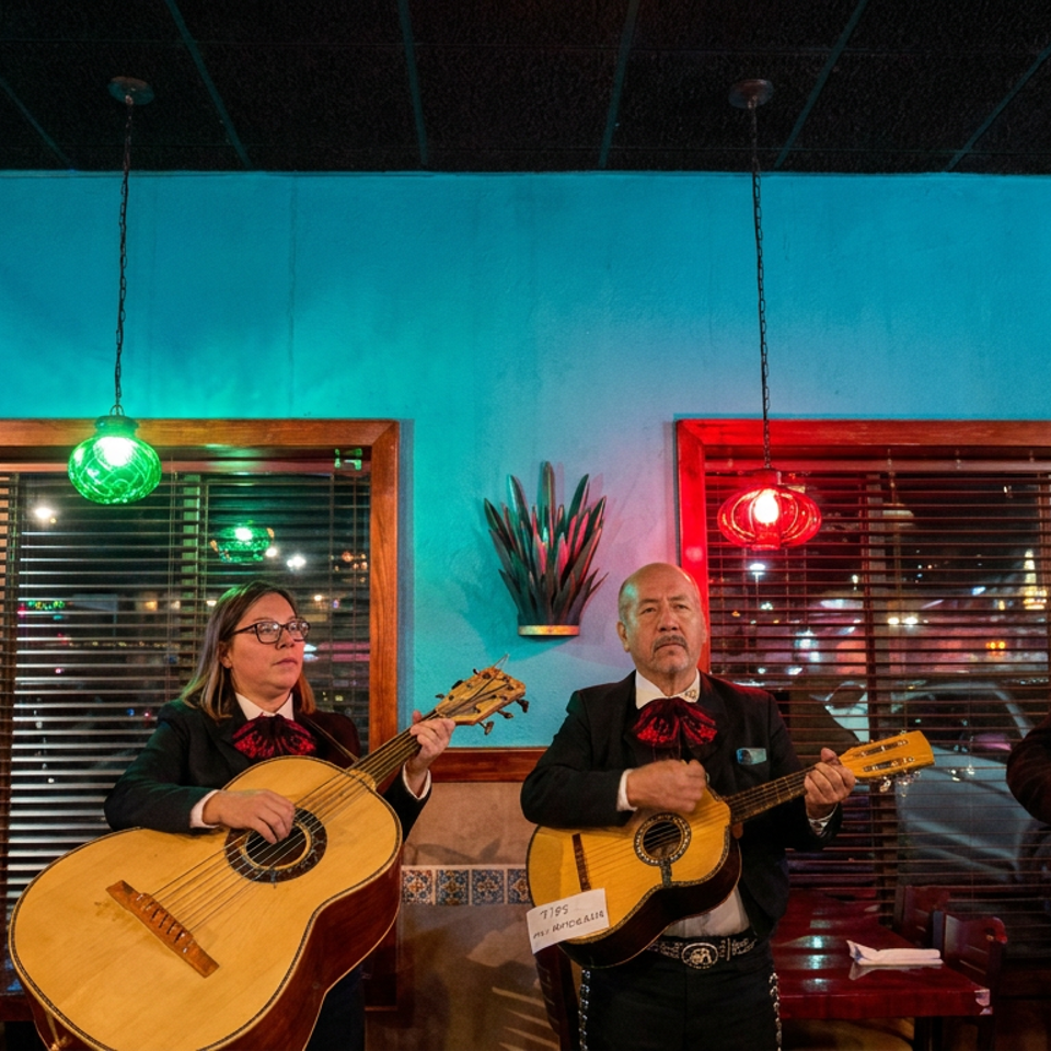Four mariachi musicians perform with trumpet, guitarrón, guitar, and violin inside a colorful Mexican restaurant.