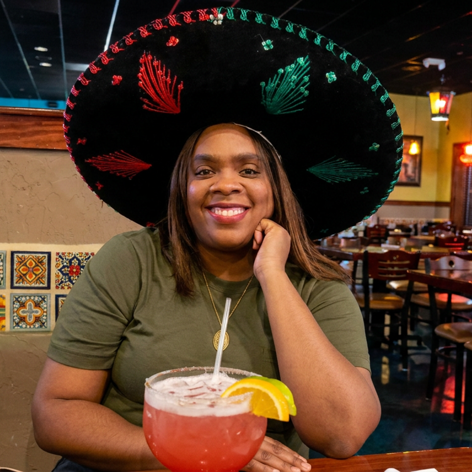 Smiling woman wearing a colorful sombrero sits in a Mexican restaurant beside a red citrus-garnished drink.