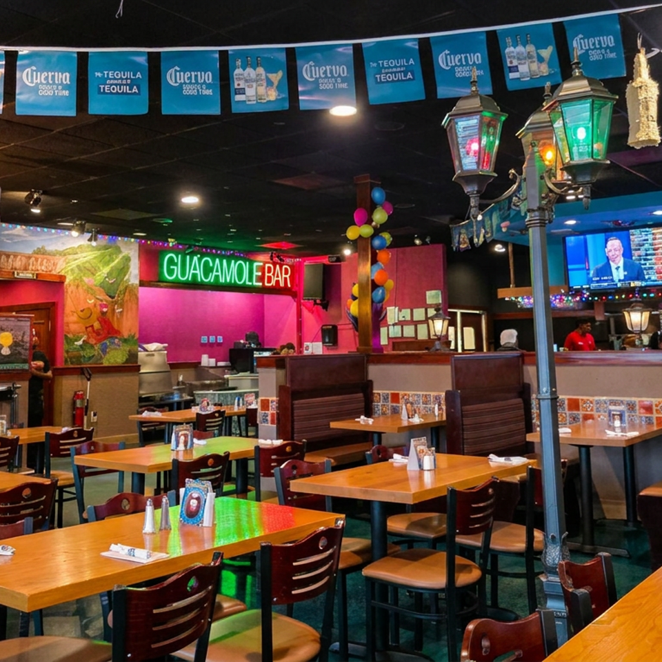 Colorful Mexican restaurant interior with wooden tables, a glowing guacamole bar sign, televisions, and Cuervo tequila banners.
