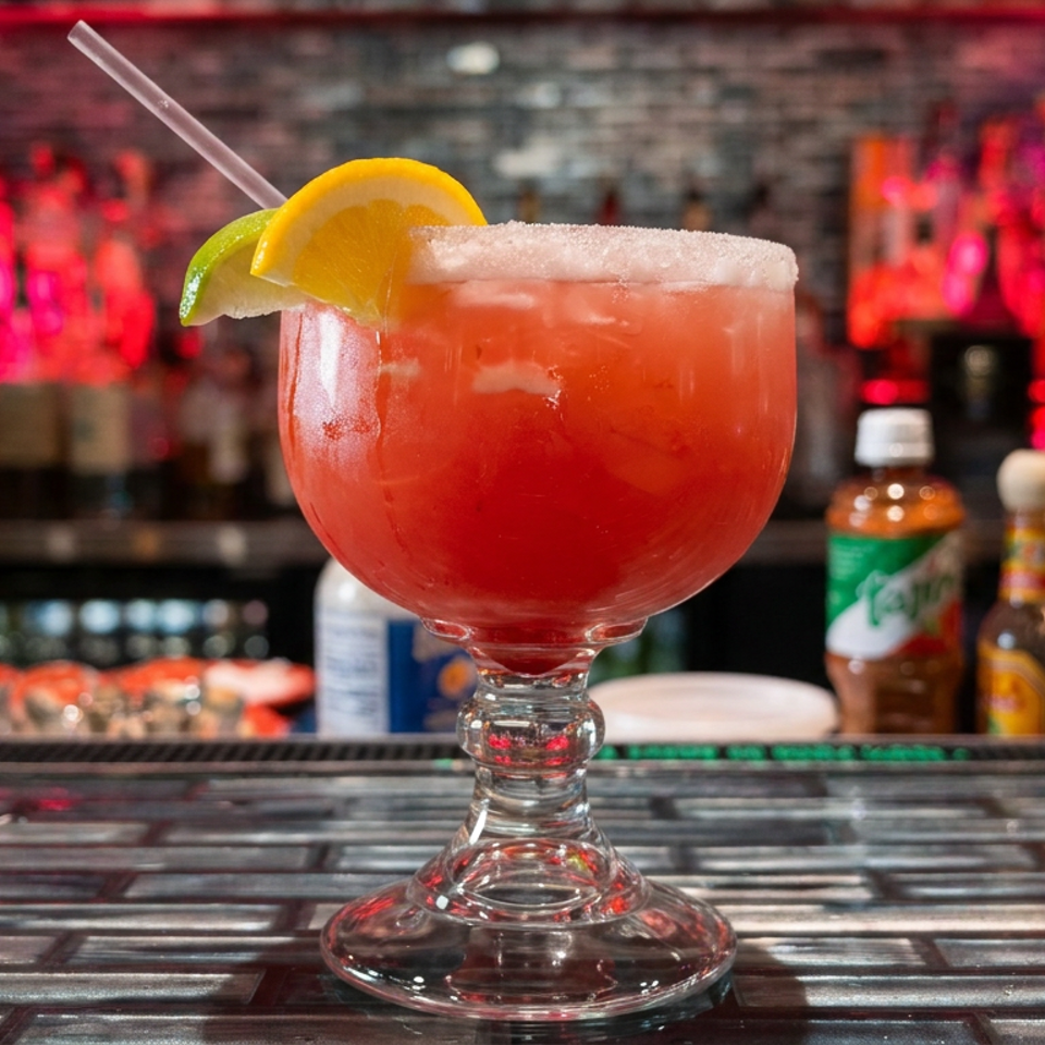 Salt-rimmed red cocktail garnished with lemon and lime wedges on a bar, with colorful bottles and glowing red lights behind it.