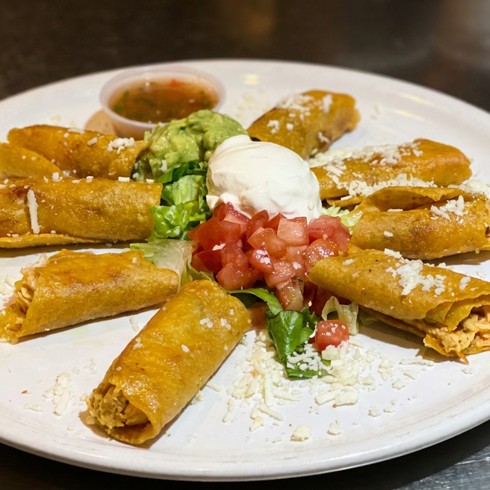 Plate of golden rolled tacos topped with lettuce, guacamole, sour cream, diced tomatoes, and crumbled cheese.