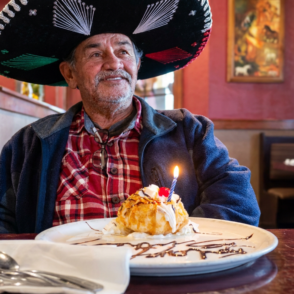 Man wearing a decorated sombrero celebrates with a candlelit dessert at a warmly decorated restaurant table.